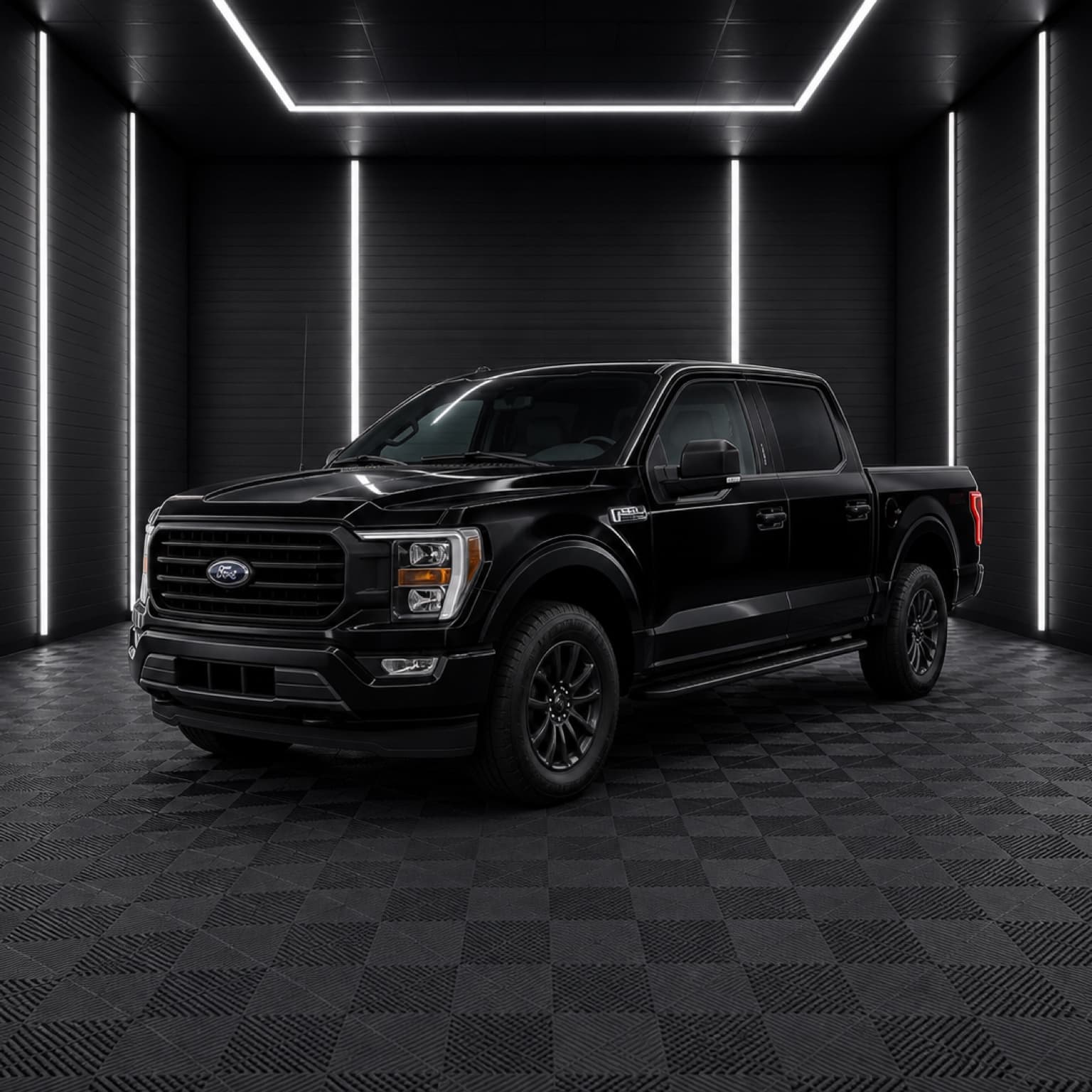 Black Ford F-150 inside a dark automotive studio.