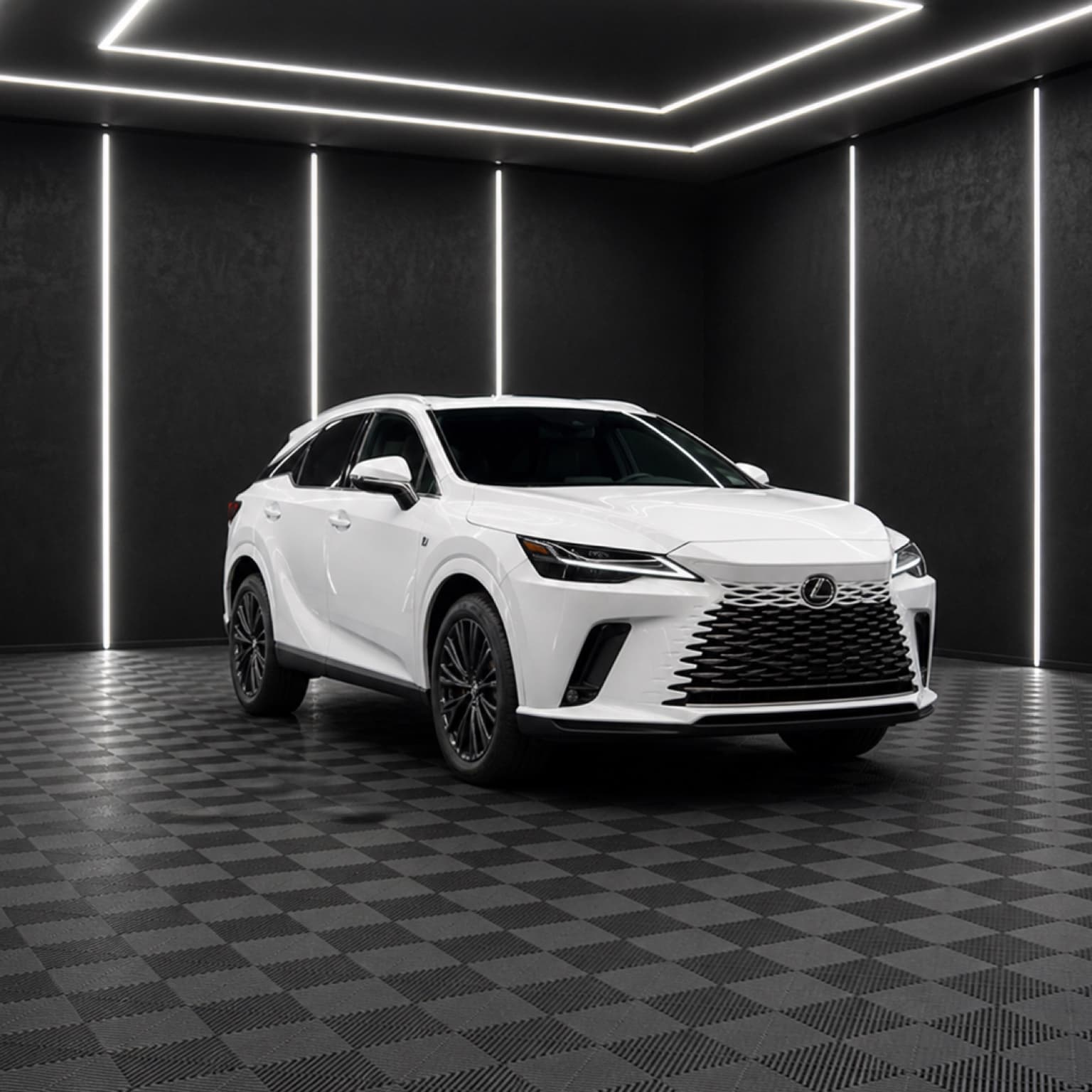White Lexus RX inside a dark automotive studio.