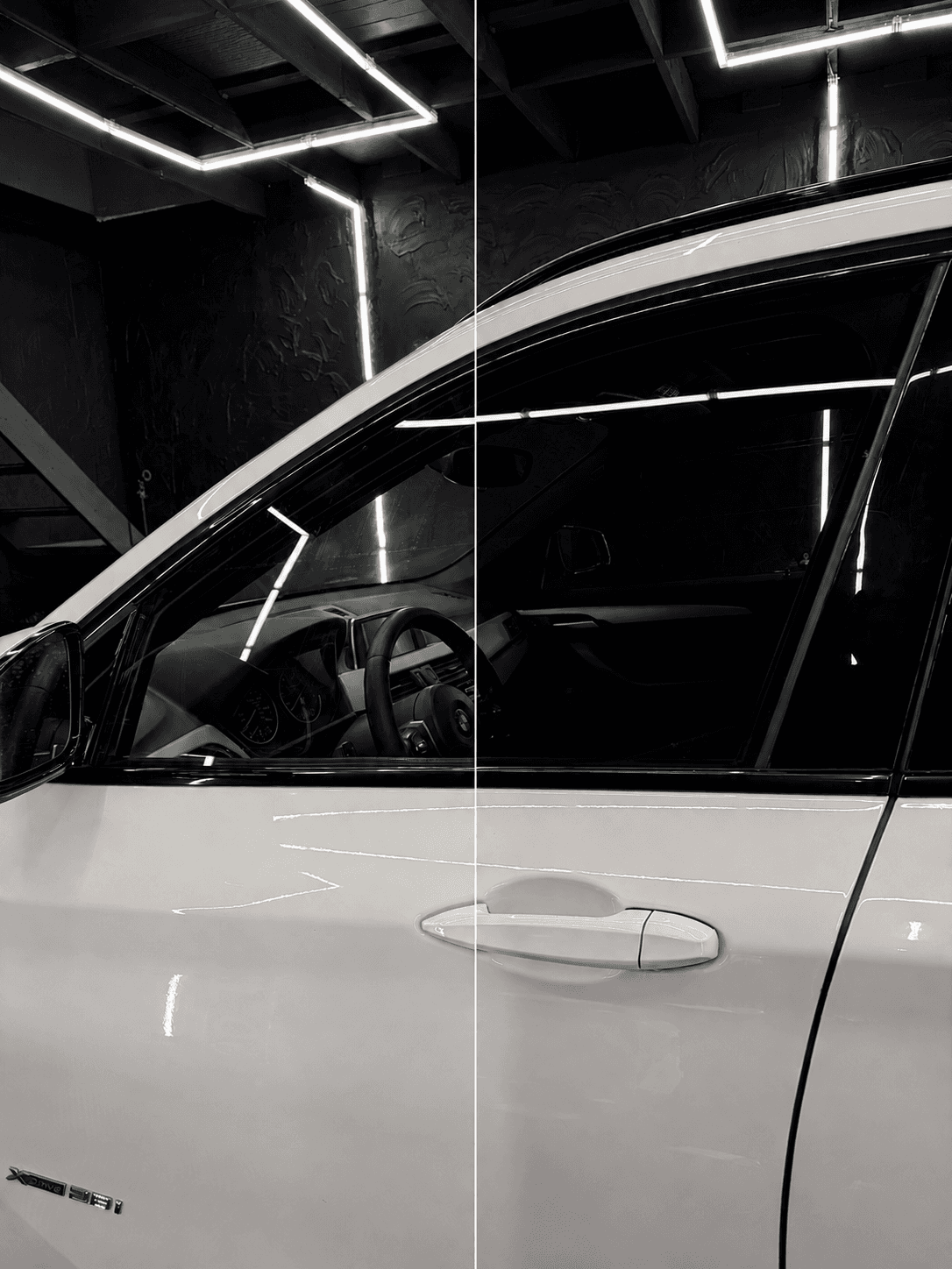 Close-up of a clean window tint edge on a vehicle.